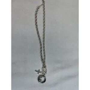 Floating Glass Locket Charm Necklace Silver Tone Rolo Chain Dangle Charms Letter